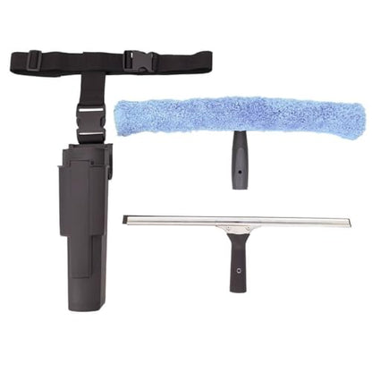 XERO Window Squeegee Cleaning Caddy Kit- Holster Side Bucket with Adjustable Belt -18" Channel with Handle and 1-18" T-Bar Washer with Sleeve Windshield Cleaner Tool