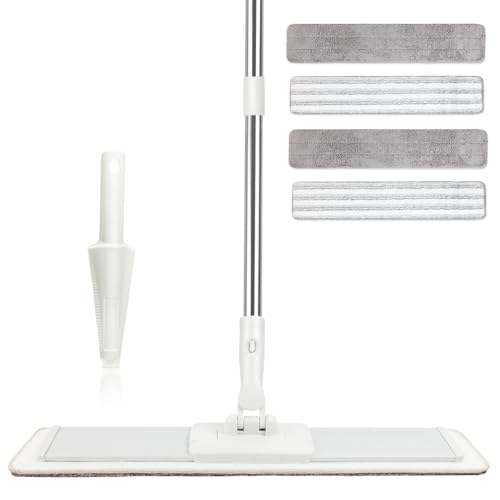 CQT Commercial Flat Microfiber Floor Mop Cleaning System 20" Inch Wet Dry and Dust Hardwood with 4 Washable Pads Cleaner for Laminate Tile Stainless Steel Handle and Extension (White)