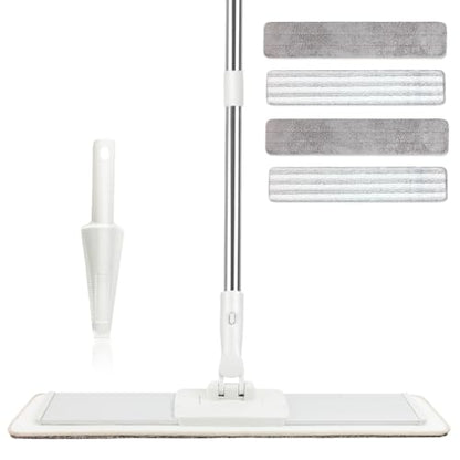 CQT Commercial Flat Microfiber Floor Mop Cleaning System 20" Inch Wet Dry and Dust Hardwood with 4 Washable Pads Cleaner for Laminate Tile Stainless Steel Handle and Extension (White)