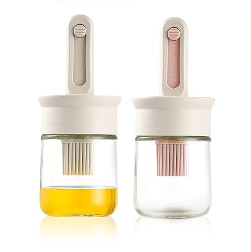 2 Pack Oil Dispenser with Brush, Glass Olive Oil Dispenser Bottle with Telescoping Silicone Basting Brush and Locked Lid for Kitchen Cooking Vinegar Sauce BBQ Grill Frying (White+Pink)