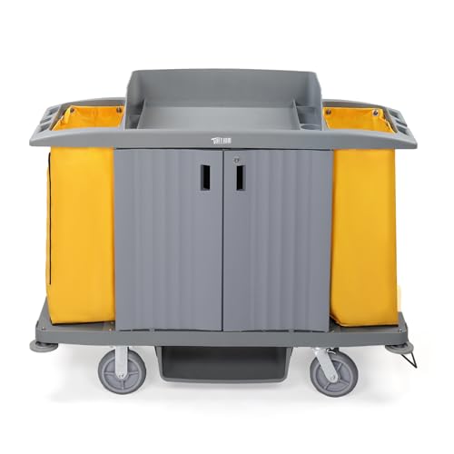 TUFFIOM Industrial Multifunctional Locking Hotel Cart,Commercial Traditional Cleaning Janitorial Room Service Housekeeping Cart, 51" H x 59" W x 20" D,Grey