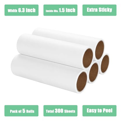 6.3 inch Lint Roller Refills Only, Extra Sticky Lint Remover Refills for Pet Hair Sticky Roller Refill Adhesive Tape Easy Peel 60 Sheets per Roll, Pack of 5, Total 300 Sheets (6.3'' Wide) - size: 6.3'' Wide (Pack of 5, Total 300 Sheets)