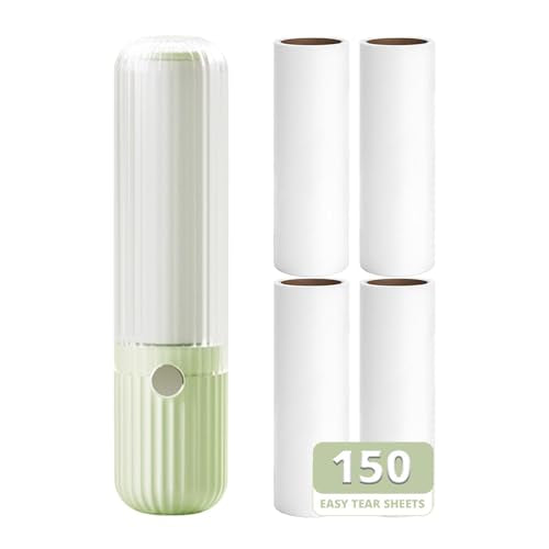 Compact Lint Roller with 150 Sheets - Portable Pet Hair Remover for Clothes, Furniture, Home & Travel - 1 Roller + 4 Refills (Green) - color: Green
