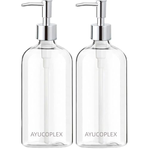 AYUCOPLEX Clear Soap Dispenser Set– 16oz Refillable Plastic Bottles with Waterproof Labels for Hand Soap & Dish Soap, Soap Dispensing Bottles, Sold Empty for Kitchen and Bathroom (2 Pack)