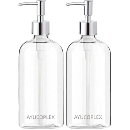 AYUCOPLEX Clear Soap Dispenser Set– 16oz Refillable Plastic Bottles with Waterproof Labels for Hand Soap & Dish Soap, Soap Dispensing Bottles, Sold Empty for Kitchen and Bathroom (2 Pack)