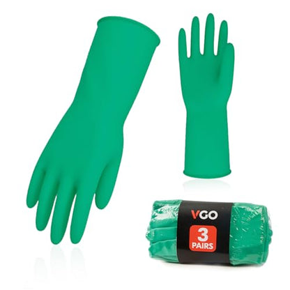 Vgo... 3-Pairs Reusable Household Gloves, Rubber Dishwashing gloves, Extra Thickness, Long Sleeves, Kitchen Cleaning, Working, Painting, Gardening, Pet Care (Size L, Green, HH4601) - color: 3 Pairs - Green, size: Large
