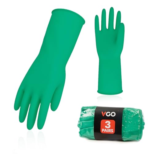 Vgo... 3-Pairs Reusable Household Gloves, Rubber Dishwashing gloves, Extra Thickness, Long Sleeves, Kitchen Cleaning, Working, Painting, Gardening, Pet Care (Size M, Green, HH4601) - color: 3 Pairs - Green, size: Medium