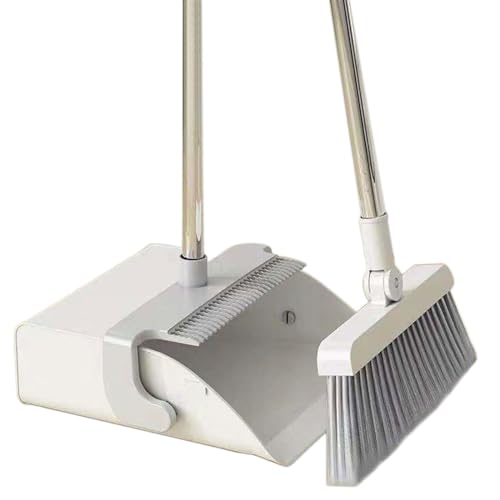 Broom and Dustpan Set for Home Folding Cleaning Tools Long Handle Broom with Upright Standing Dustpan Combo for Office Home Kitchen Lobby Floor Cleaning,White - color: White