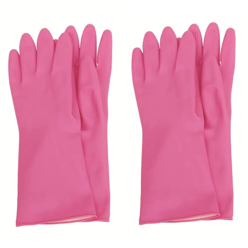 Myungjin (2 Pairs Reusable Waterproof Household Dishwashing Non-Slip Cleaning Latex Rubber Kitchen Gloves (Pink, Small) - size: Small 20cm x 31cm