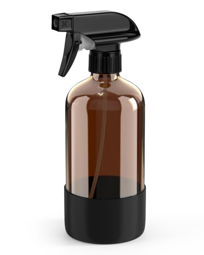 Bontip Amber Glass Spray Bottle with Silicone Sleeve Protection, 16 oz Refillable Spray Bottles for Cleaning Solutions, Plants, Aromatherapy, Facial Hydration (1, Black, 16 oz) - color: Black, size: 16 Ounces