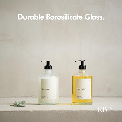 KIVY Glass Soap Dispenser Set [INCL. Waterproof Labels] - Glass Soap Dispenser with Pump - Hand Soap and Dish Soap Set - for Kitchen, Shower & Bathroom - Refillable (Matte White) - color: Matte White