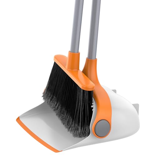 MR.SIGA Broom and Dustpan Set with Long Handle, Stand Upright Broom with Dustpan Combo for Cleaning Office, Garage, Lobby, Lightweight Sweeping Set, 51.7"(131 cm) Long Handle, White & Orange - color: White & Orange