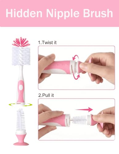 Baby Bottle Brush Set 4 in 1, Baby Bottle Cleaner, with 1P Nylon Bottle Brush, 1P Bottle Cap Brushes, 2P Straw Brushes, Bottle Brush with Nipple Cleaner and Suction Cup, BPA-Free(Pink) - color: Pink-nylon Brush