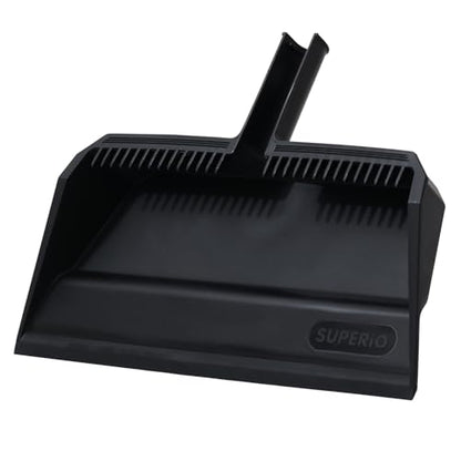 Superio Wide Plastic Dustpan with Comb - 16" Wide, Rubber Lip, Broom Handle Clip, Black - color: Black, size: 1 Pack
