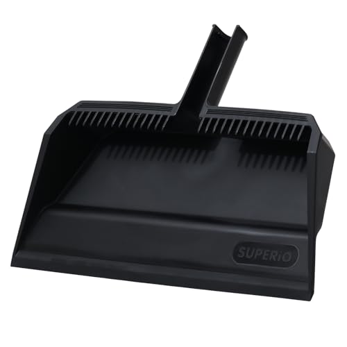 Superio Wide Plastic Dustpan with Comb - 16" Wide, Rubber Lip, Broom Handle Clip, Black - color: Black, size: 1 Pack