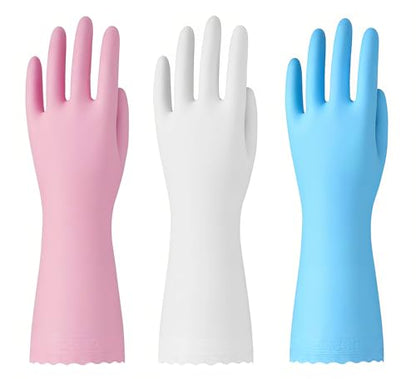 Bamllum Rubber Cleaning Gloves - 3 Pairs Latex Free Kitchen Cleaning Gloves with Cotton Liner- Household Dishwashing Gloves, Non- Slip Waterproof (Small, Blue+Pink+White) - color: Blue+pink+white, size: Small