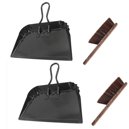 2 Pack Metal Dustpan and Brush Set - 12in Heavy Duty Steel Dust Pan with Handle, Handheld Dustpan Wide Scooper for Indoor, Outdoor, Fireplace