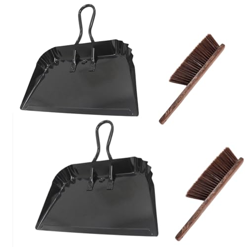 2 Pack Metal Dustpan and Brush Set - 12in Heavy Duty Steel Dust Pan with Handle, Handheld Dustpan Wide Scooper for Indoor, Outdoor, Fireplace