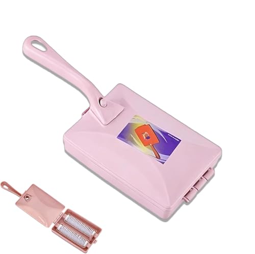Handheld Double Roller Carpet Brush - Multi-Functional Portable Pet Hair Remover with Crumb Collector, Manual Dust Sweeper for Bed Desktop Carpet Pet Hair (Pink) - color: Pink