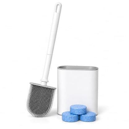 Silicone Toilet Brush and Holder Set with 3 Cleaning Tablets, Quick-Dry Base, Flexible Non-Scratch Bristles, Odor-Free Bathroom Toilet Bowl Cleaner Brush, Compact Space-Saving Design