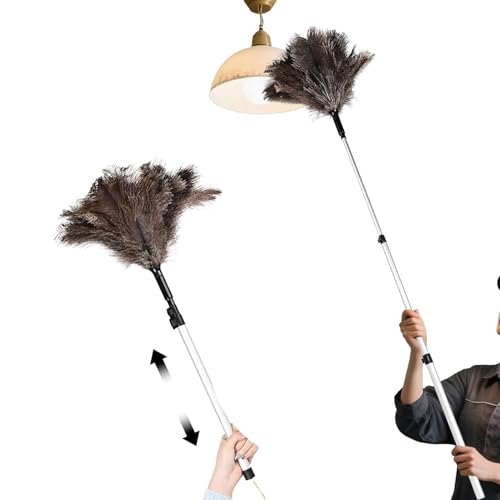 Extendable Ostrich Feather Duster up to 25-49 inches Fluffy Feathers Long Handle Reusable for Cleaning Ceiling Fan Pendant lamp Feather Duster 1pcs - color: Natural-b-1pcs