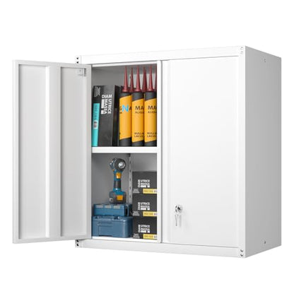 GREATMEET Locking Metal Wall Cabinet, Metal Storage Cabinet with 2 Shelves, Wall Mount Cabinet with Lock, Floating Garage Cabinets with Adjustable Shelf - color: White, size: 27.95"H