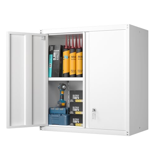 GREATMEET Metal Wall Cabinet, Wall Mounted Storage Cabinet with Lock for Garage Storage, White Floating Cabinet with Doors and Adjustable Shelf for Utility Room - color: White, size: 28"H Wall Mount Storage Cabinet