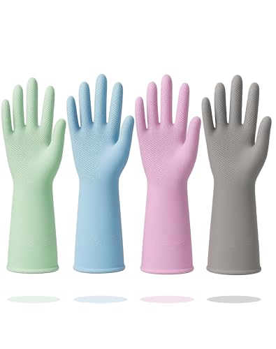 Rubber Cleaning Gloves for Dishwashing, 4 Pairs Reusable Kitchen Gloves for Washing Dishes with Non-Slip Grip