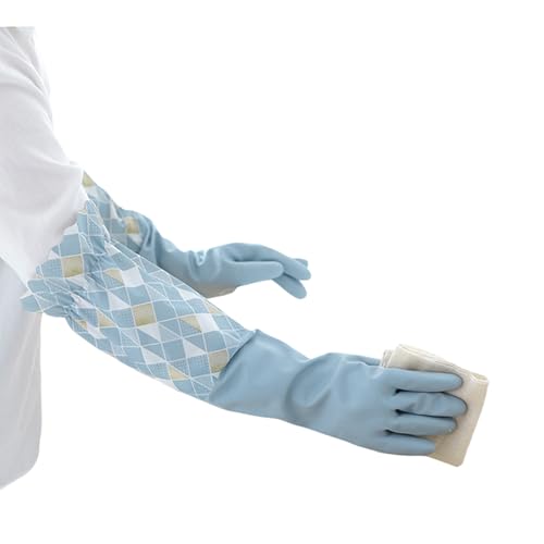 RARITYUS Household Kitchen Cleaning Gloves Waterproof Cotton Lined Dishwashing Non-Slip Long Cuff Gloves - color: Blue (Length 19.29'')