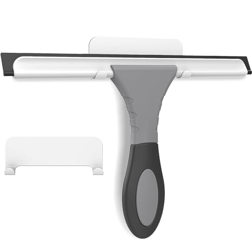 All-Purpose Silicone Shower Squeegee for Glass, Window, Door, Mirror, Car Windshield & Tile Wall, Portable Cleaner Tools, Includes One Hook & One Adhesive,10 Inches (Gray)