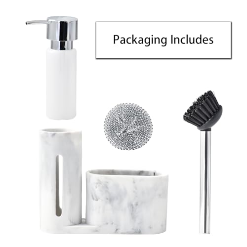 Soap Dispenser with Sponge Holder, Kitchen Soap Dispenser Pump, Sponge Caddy and Brush Holder 3 in 1 Set Organizer for Sink Countertop, Rustproof（White） - color: White