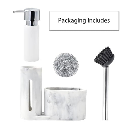 Soap Dispenser with Sponge Holder, Kitchen Soap Dispenser Pump, Sponge Caddy and Brush Holder 3 in 1 Set Organizer for Sink Countertop, Rustproof（White） - color: White