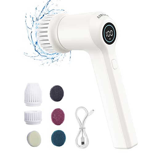 AIRSEE Electric Spin Scrubber, Cordless Power Rotating Brush, 2 Speeds, 6 Replaceable Brush Heads, Handheld Shower Bathroom Scrubber for Cleaning Floors, Windows, Bathtubs, Tiles, Sink, Car