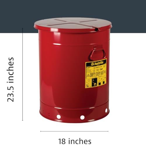 Justrite 21 Gallon Galvanized Steel Oily Waste Can, 23.5" x 18" Metal Oil Rag Safety Can with Hand Operated Self-Closing Lid for Oil Rag Disposal, Made in The USA, Red, 09710 - color: Red, size: 21 Gallon, style: Hand-Operated Lid