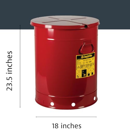 Justrite 21 Gallon Galvanized Steel Oily Waste Can, 23.5" x 18" Metal Oil Rag Safety Can with Hand Operated Self-Closing Lid for Oil Rag Disposal, Made in The USA, Red, 09710 - color: Red, size: 21 Gallon, style: Hand-Operated Lid