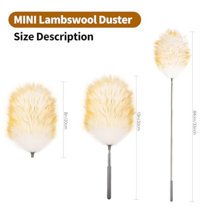 Mini Feathers Duster,Telescoping Lambswool Dusters with Stainless Steel Extension Pole Up to 34" for Cleaning High Ceiling Fan, High Ceilings,Furniture,Hard to Reach Areas - size: 14-34inch