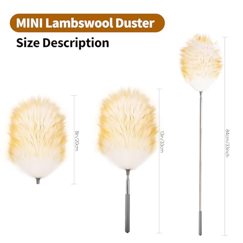 Mini Feathers Duster,Telescoping Lambswool Dusters with Stainless Steel Extension Pole Up to 34" for Cleaning High Ceiling Fan, High Ceilings,Furniture,Hard to Reach Areas - size: 14-34inch