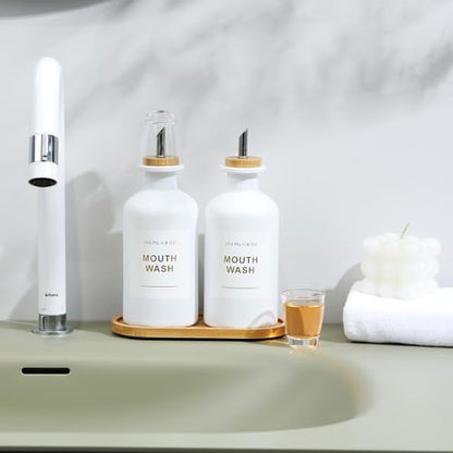 11.8OZ Mouthwash Dispenser for Bathroom with Bamboo & Stainless Steel Pour Spout, Mouthwash Cups Reusable, Bamboo Tray, and Elegant Gold Label. Set of 2（White - color: White/350*2