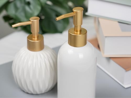 2Pack Ceramic Soap Dispenser White with Gold Pump,Simple Design Cylindrical Lotion Dispenser Bottle,Refillable Liquid Hand Soap Dispenser for Kitchen,Bathroom,Washroom - color: 2pcs White（a）