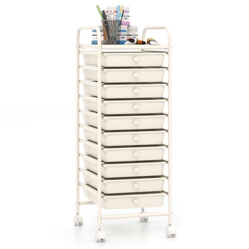 Giantex 10-Drawer Storage Cart w/Universal Wheel, Rolling Cart w/Handle, Home Organizer Storage Unit w/Removable Drawers, Trolley Utility Cart for Kitchen Makeup Living Room Office Play Room, Ivory - color: Ivory, size: 10 Drawer-13"x15"x34"