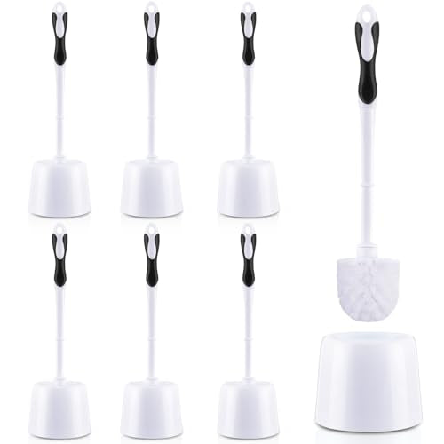 Tioncy 6 Pack Toilet Brush with Holder, 14.96 Inch Toilet Bowl Brush Set, Stiff Bristles Scrubber for Deep Cleaning, Base Caddy, Bathroom Cleaning Supplies (Black,White) - color: Black and White