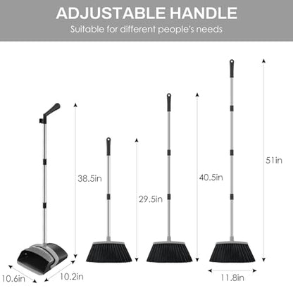 Broom and Dustpan Set for Home, 51-in Long Adjustable Handle Angle Broom and Dustpan Combo Set with Dust Pan Teeth to Clean Hair for Home Kitchen Office Lobby Floor Garden (Black&Grey) - color: Black Grey