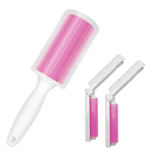 Washable Gel Lint Roller 3 Pack, Reusable Sticky Lint Roller Portable Pet Hair Remover Cleaner for Clothes, Travel, Home, Large with Cover and Foldable Mini Remover, Pink