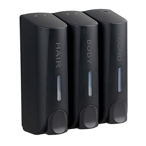 AUMIO Chamber Shower Soap Dispenser Trio Wall Mounted Shampoo and Conditioner Dispenser Set, No Drill for Bathroom Hotel, Black - color: Black 3 Chamber