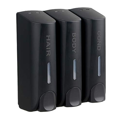 AUMIO Chamber Shower Soap Dispenser Trio Wall Mounted Shampoo and Conditioner Dispenser Set, No Drill for Bathroom Hotel, Black - color: Black 3 Chamber