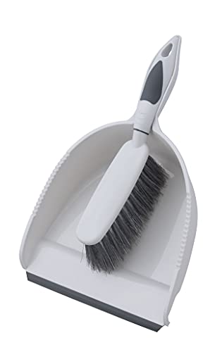 Superio Brush and Dustpan Set, Rubber Edge for Easy Dirt Pickup, Durable Plastic Broom Set with Ergonomic Grip Handle, for Table, Countertop, Desk (1) - color: Gray