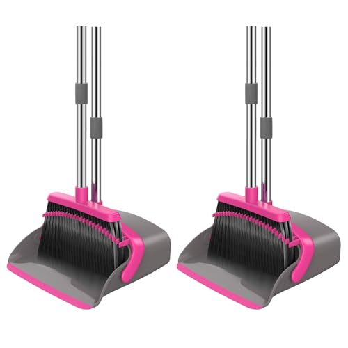NACENA Broom and Dustpan Set, 52-in Long Adjustable Handle Broom Dustpan Combo with Dust pan Teeth to Automatically Clean Hair Suitable for Home Kitchen Office Hall Floor (Grey&Rose), 2 Pack - color: Grey-rose, size: 2 Pack