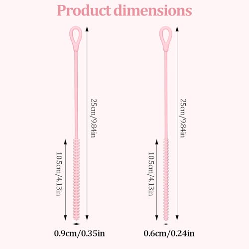 Silicone Straw Cleaner Brush, 2-Pack Extra Long Bristles Cleaner for Cleaning Stanley, Metal, Glass Straws, Drink Lids (Pink)