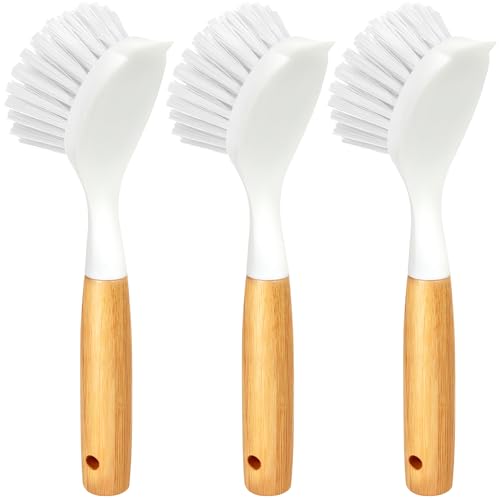 Holikme 3 Pack Dish Brush Set with Bamboo Handle, Kitchen Cleaner for Cleaning Pasta Plate, Salad Bowl, Scrubber with Soft Bristles, White - color: White