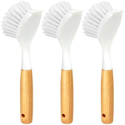 Holikme 3 Pack Dish Brush Set with Bamboo Handle, Kitchen Cleaner for Cleaning Pasta Plate, Salad Bowl, Scrubber with Soft Bristles, White - color: White